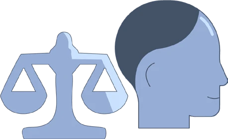 Scales of justice beside a head, symbolising fairness