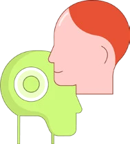 A green AI head facing a human head