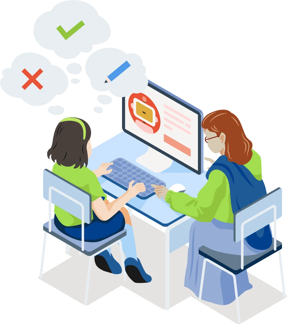 Two people at a computer checking AI-generated results