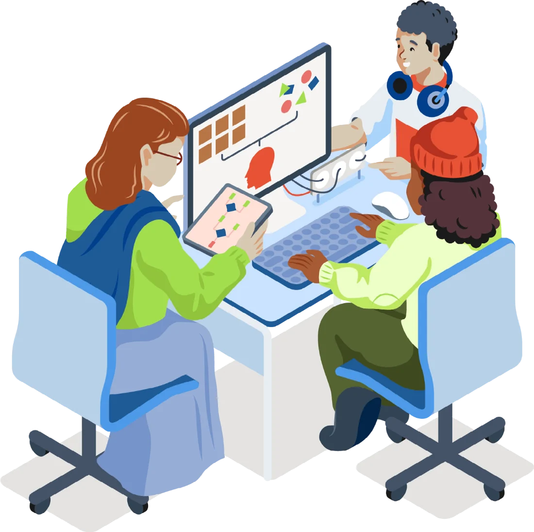 Two people examining an AI system on a large monitor
