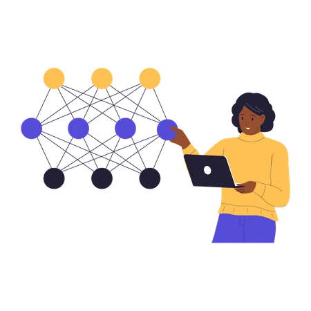 A woman working with a neural-network diagram
